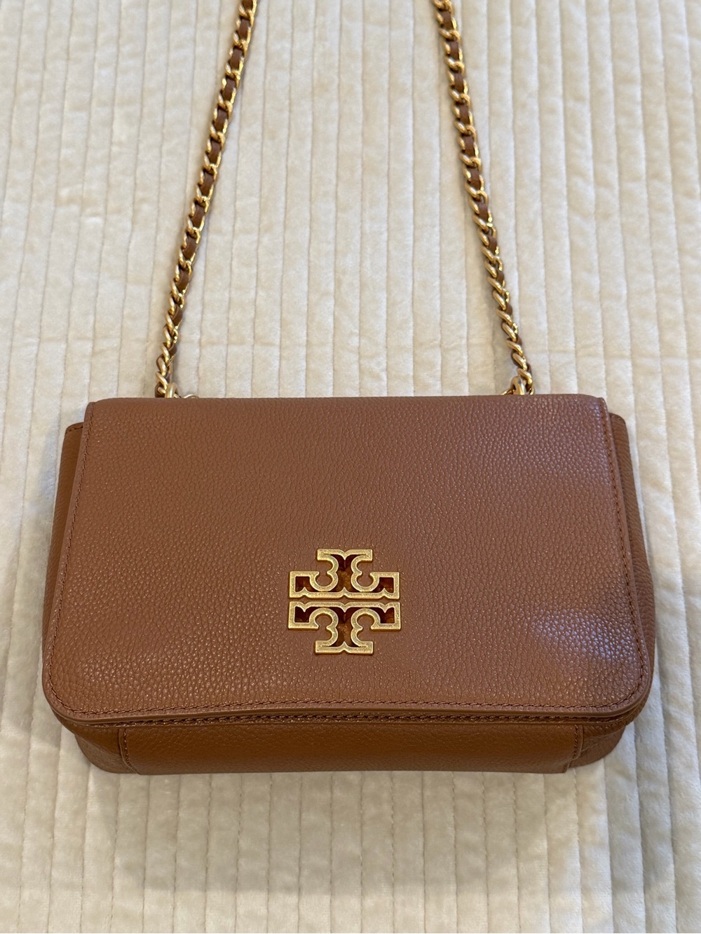 Tory Burch Tan Pebbled Leather Chain Shoulder Bag with Gold Logo